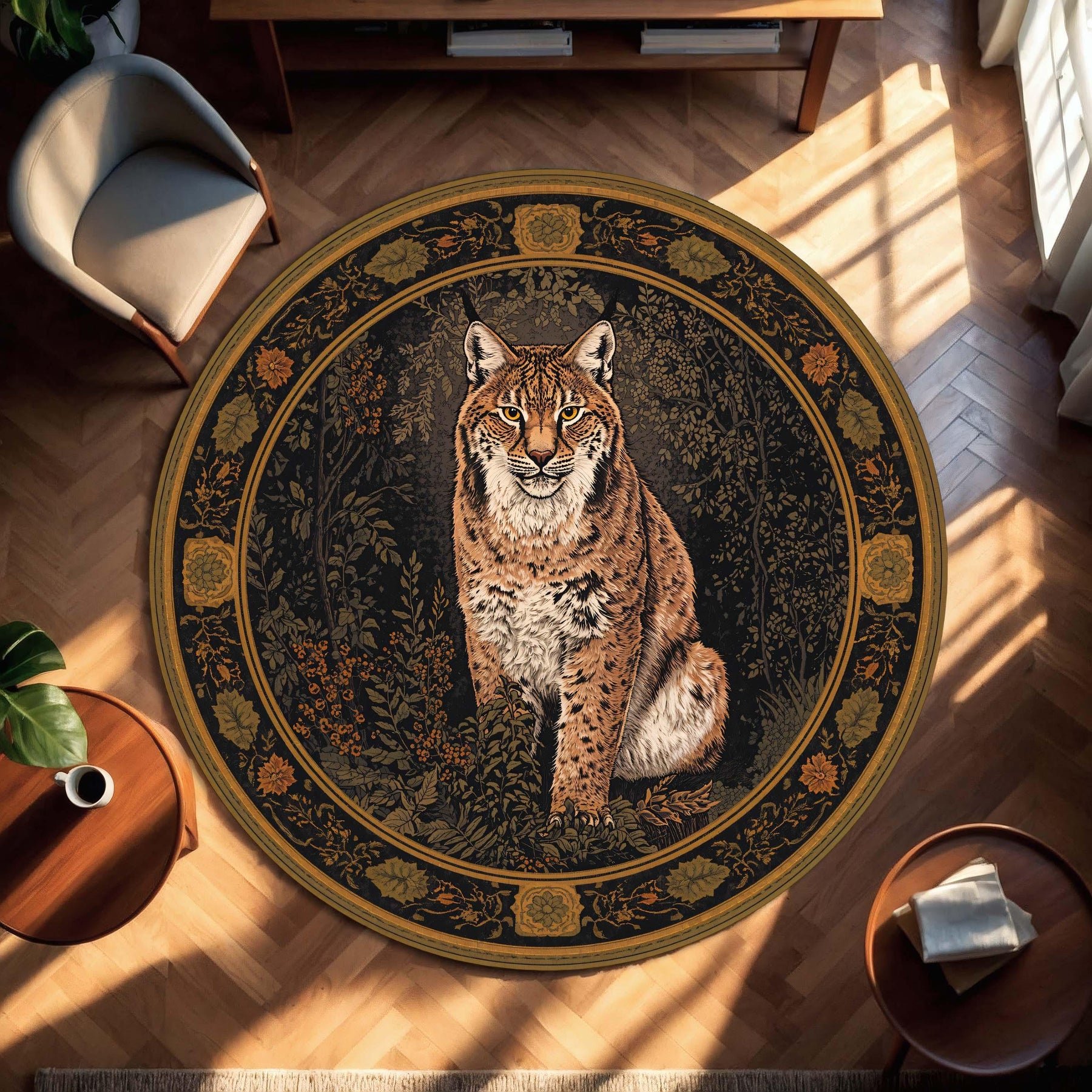 Lynx Round Area Rug, Vintage Botanical Dark Tapestry Style Carpet, Woodland Cat Decor, Boho Living Room Floor Mat, Animal Lover Gift