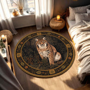 Lynx Round Area Rug, Vintage Botanical Dark Tapestry Style Carpet, Woodland Cat Decor, Boho Living Room Floor Mat, Animal Lover Gift