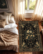 Black Vintage Floral Area Rug, Gothic Botanical Persian Style Carpet, Dark Cottagecore Living Room Decor, Elegant Statement Floor Mat