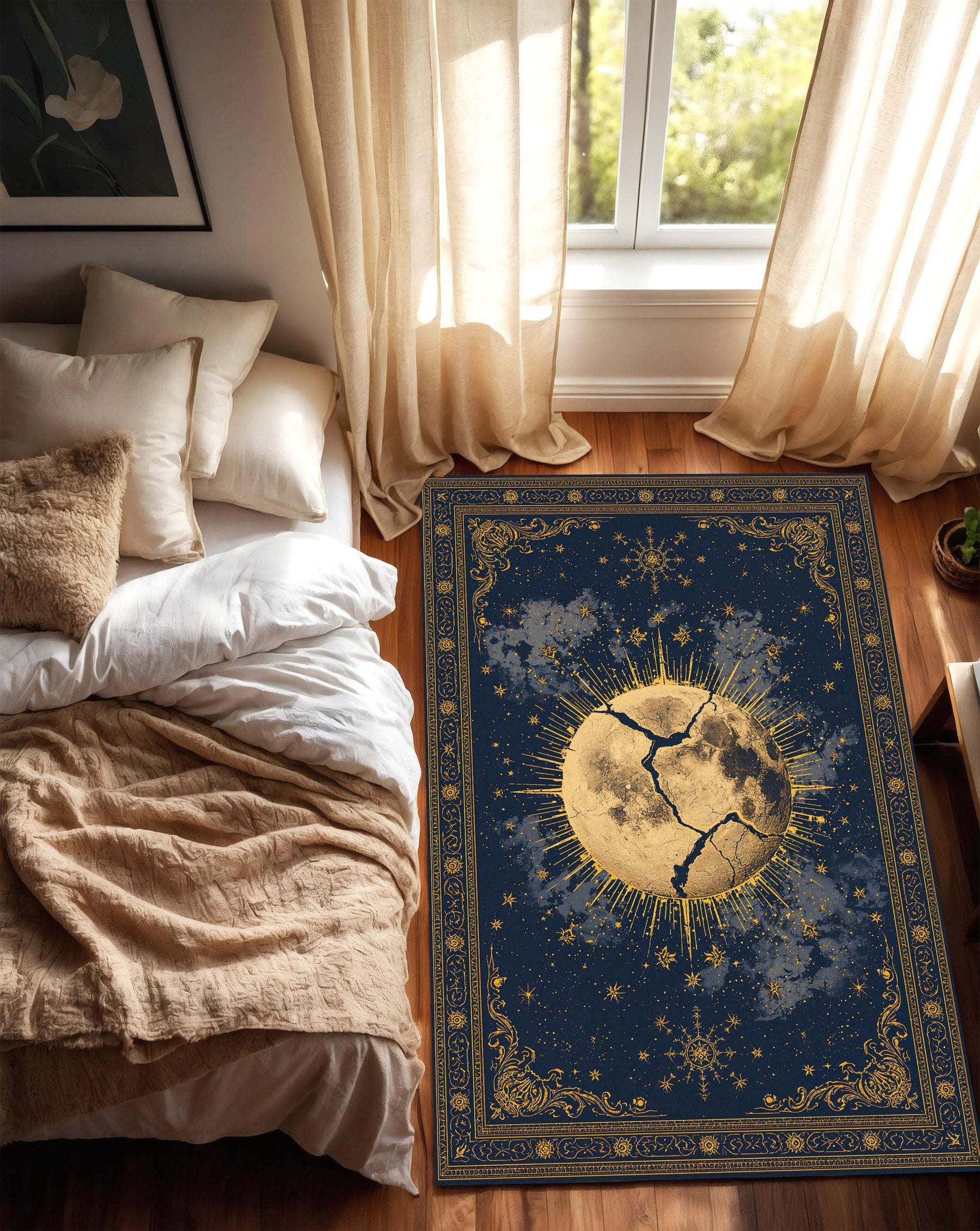 Celestial Moon Rug Navy Gold, Mystic Astrology Tarot Inspired Area Rug, Boho Living Room Decor, Bedroom Runner, Starry Night Carpet