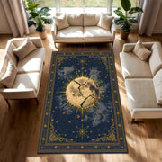 Celestial Moon Rug Navy Gold, Mystic Astrology Tarot Inspired Area Rug, Boho Living Room Decor, Bedroom Runner, Starry Night Carpet