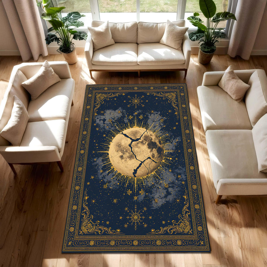 Celestial Moon Rug Navy Gold, Mystic Astrology Tarot Inspired Area Rug, Boho Living Room Decor, Bedroom Runner, Starry Night Carpet