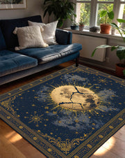 Celestial Moon Rug Navy Gold, Mystic Astrology Tarot Inspired Area Rug, Boho Living Room Decor, Bedroom Runner, Starry Night Carpet
