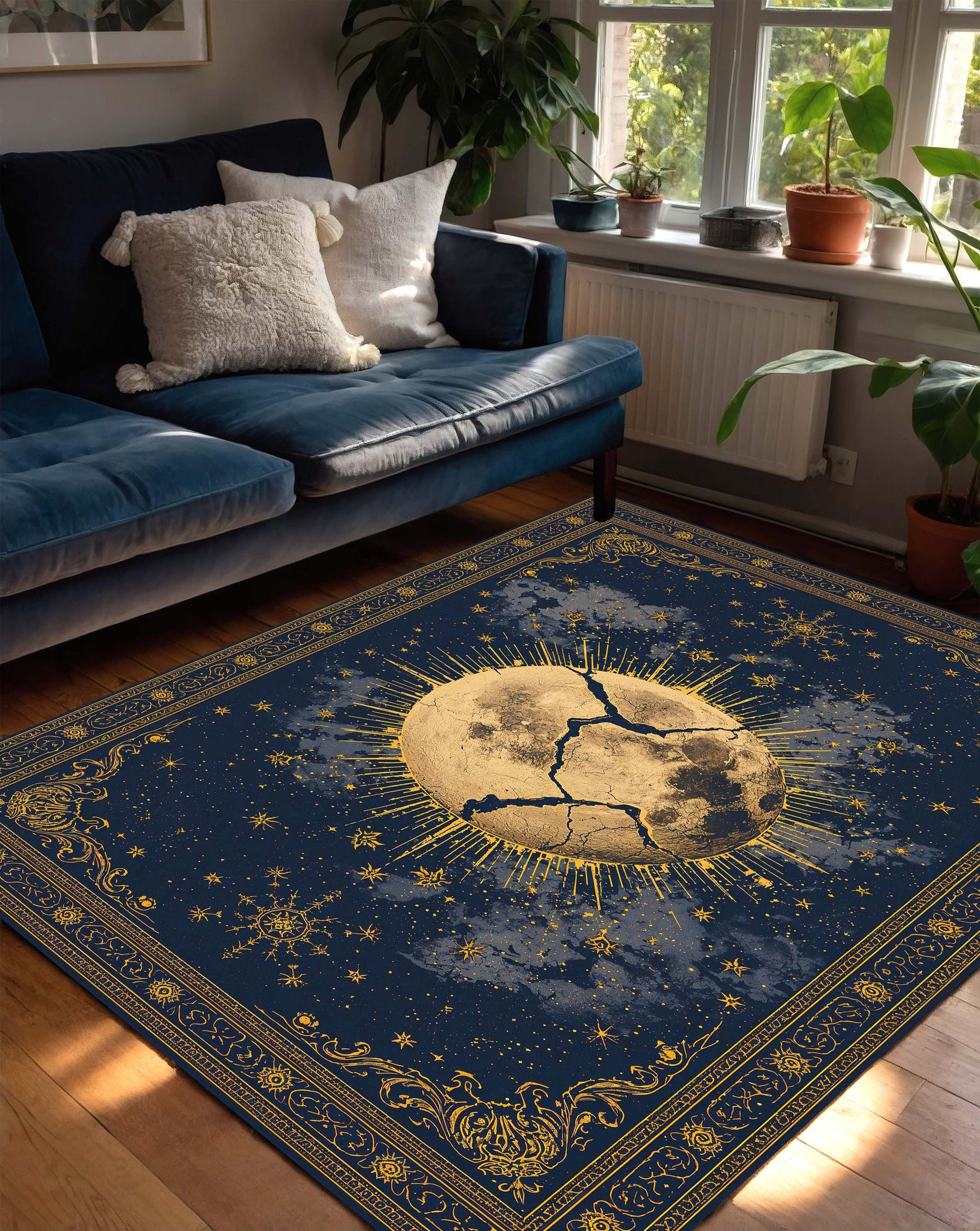 Celestial Moon Rug Navy Gold, Mystic Astrology Tarot Inspired Area Rug, Boho Living Room Decor, Bedroom Runner, Starry Night Carpet