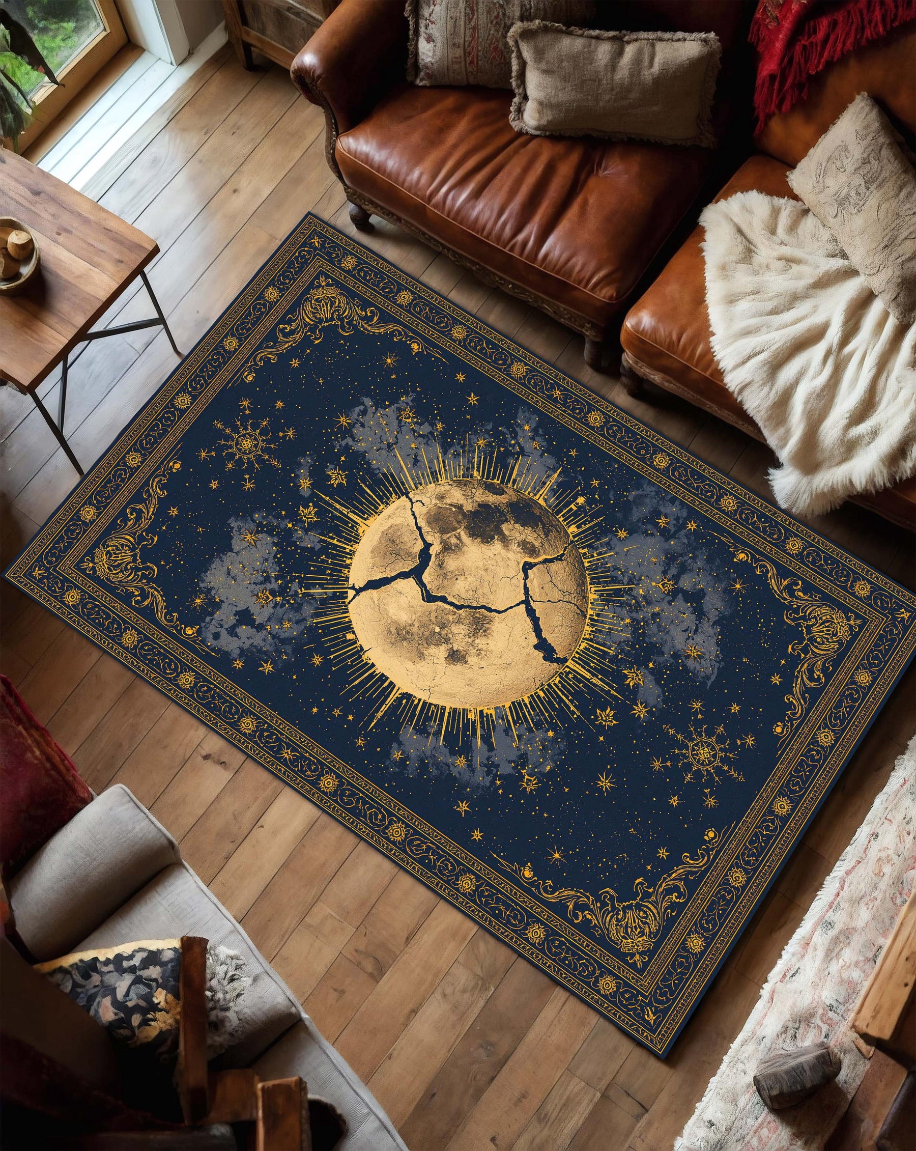 Celestial Moon Rug Navy Gold, Mystic Astrology Tarot Inspired Area Rug, Boho Living Room Decor, Bedroom Runner, Starry Night Carpet