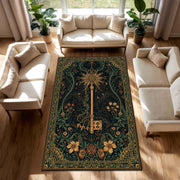 Dark Green Botanical Key Rug, Vintage Gothic Floral Area Rug, Boho Living Room Carpet, Mystical Art Nouveau Floor Mat Decor Non Slip Gift