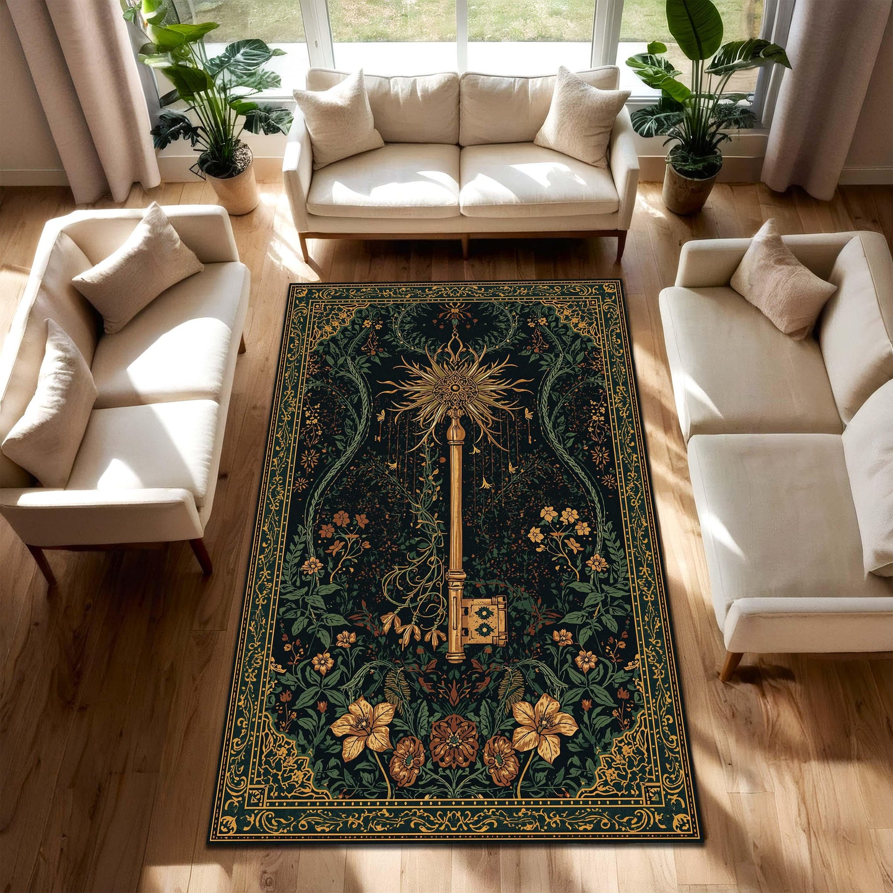Dark Green Botanical Key Rug, Vintage Gothic Floral Area Rug, Boho Living Room Carpet, Mystical Art Nouveau Floor Mat Decor Non Slip Gift