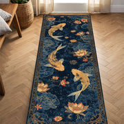 Navy Koi Fish Lotus Runner Rug, Japanese Pond Floral Hallway Carpet, Gold Blue Oriental Style Kitchen Entryway Floor Mat, Non Slip Washable