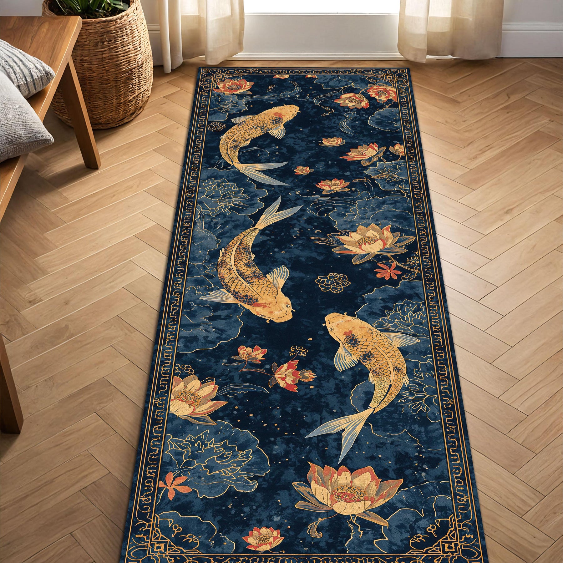Navy Koi Fish Lotus Runner Rug, Japanese Pond Floral Hallway Carpet, Gold Blue Oriental Style Kitchen Entryway Floor Mat, Non Slip Washable