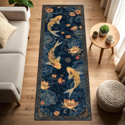 Navy Koi Fish Lotus Runner Rug, Japanese Pond Floral Hallway Carpet, Gold Blue Oriental Style Kitchen Entryway Floor Mat, Non Slip Washable