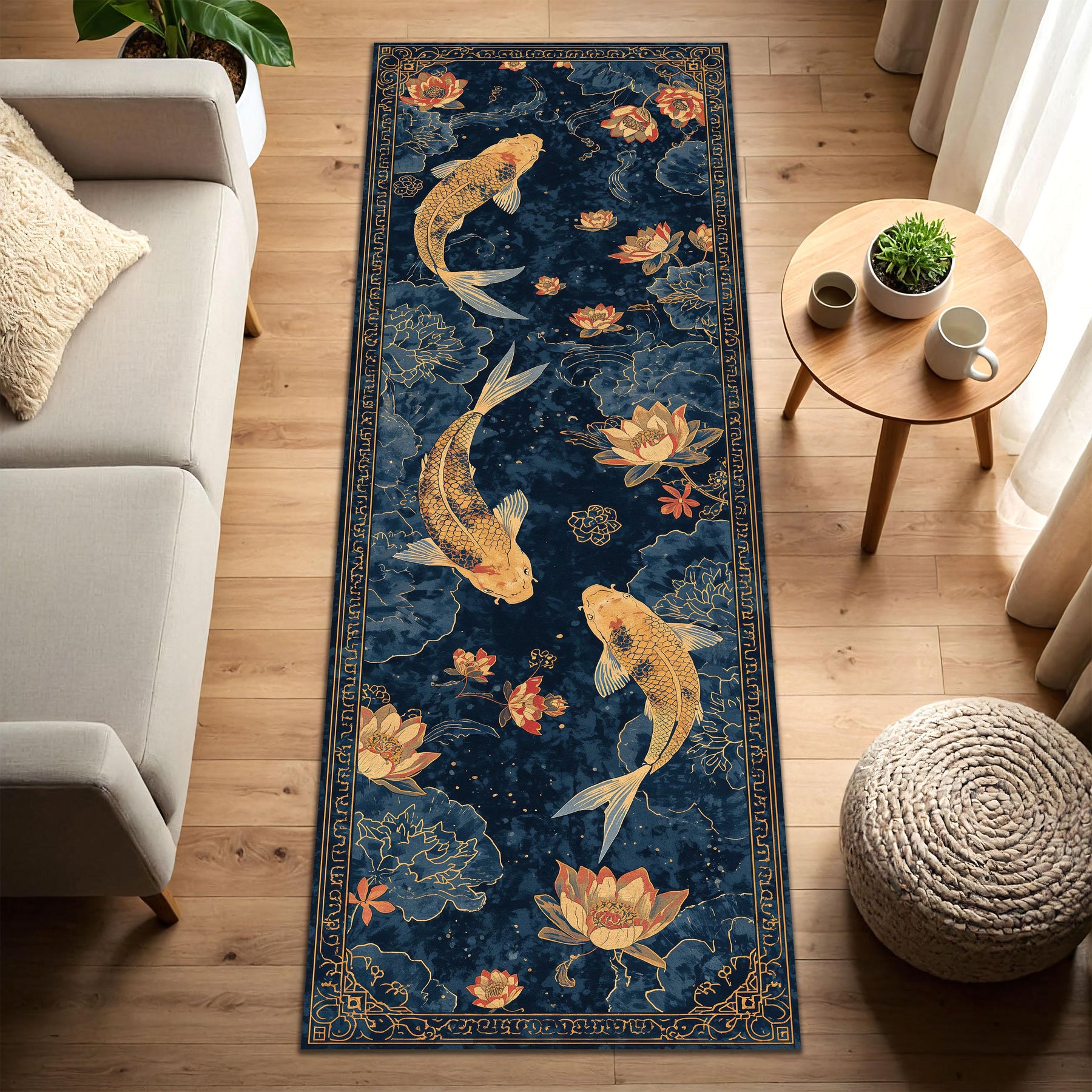 Navy Koi Fish Lotus Runner Rug, Japanese Pond Floral Hallway Carpet, Gold Blue Oriental Style Kitchen Entryway Floor Mat, Non Slip Washable