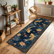 Navy Koi Fish Lotus Runner Rug, Japanese Pond Floral Hallway Carpet, Gold Blue Oriental Style Kitchen Entryway Floor Mat, Non Slip Washable