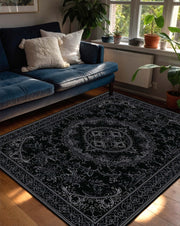 Black Vintage Ornate Area Rug, Gothic Persian Style Living Room Carpet, Non Slip Washable Floor Mat, Boho Home Decor, Bedroom Runner