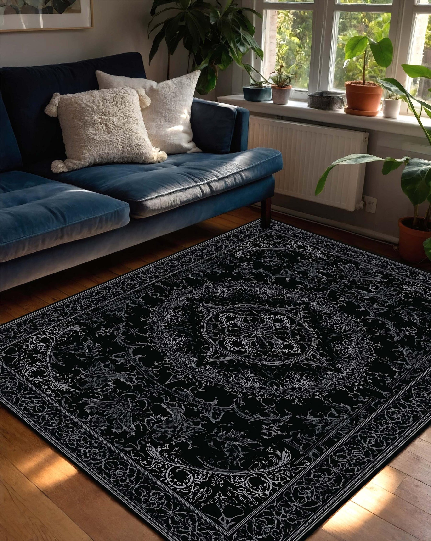 Black Vintage Ornate Area Rug, Gothic Persian Style Living Room Carpet, Non Slip Washable Floor Mat, Boho Home Decor, Bedroom Runner