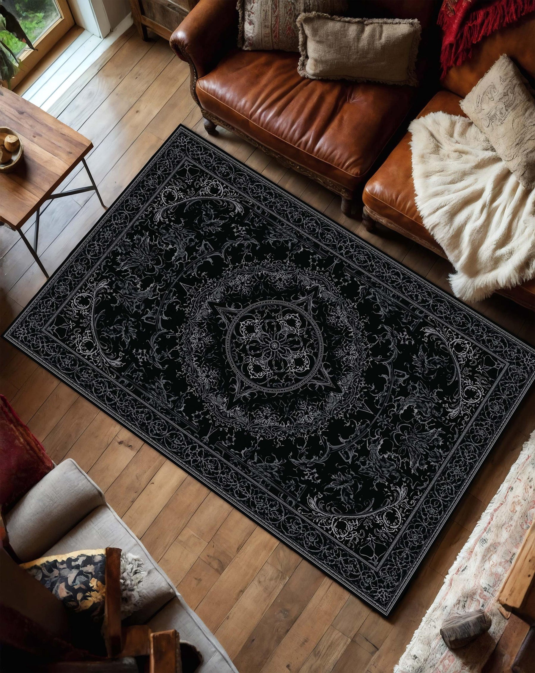 Black Vintage Ornate Area Rug, Gothic Persian Style Living Room Carpet, Non Slip Washable Floor Mat, Boho Home Decor, Bedroom Runner