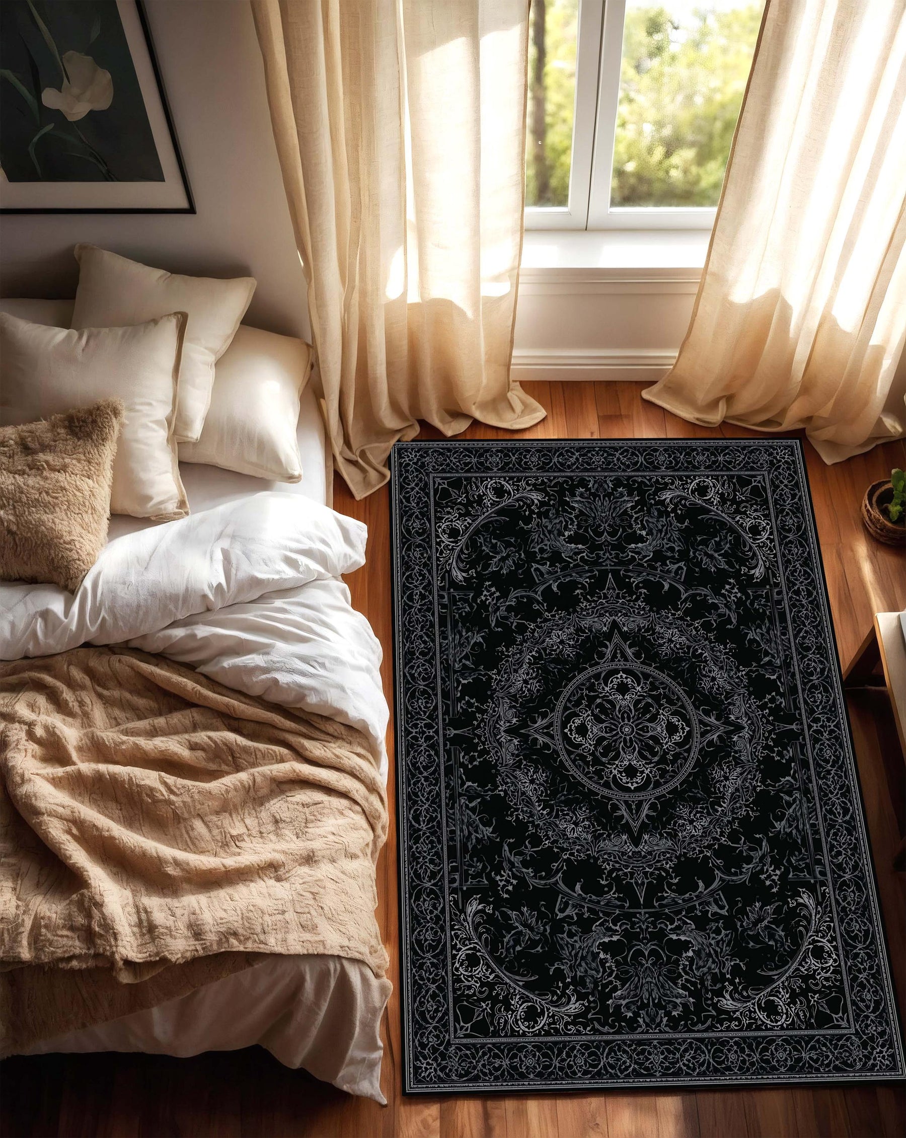 Black Vintage Ornate Area Rug, Gothic Persian Style Living Room Carpet, Non Slip Washable Floor Mat, Boho Home Decor, Bedroom Runner