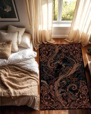 Black Copper Baroque Area Rug, Ornate Gothic Living Room Carpet, Victorian Scroll Floor Mat, Luxury Dark Home Decor Accent Statement