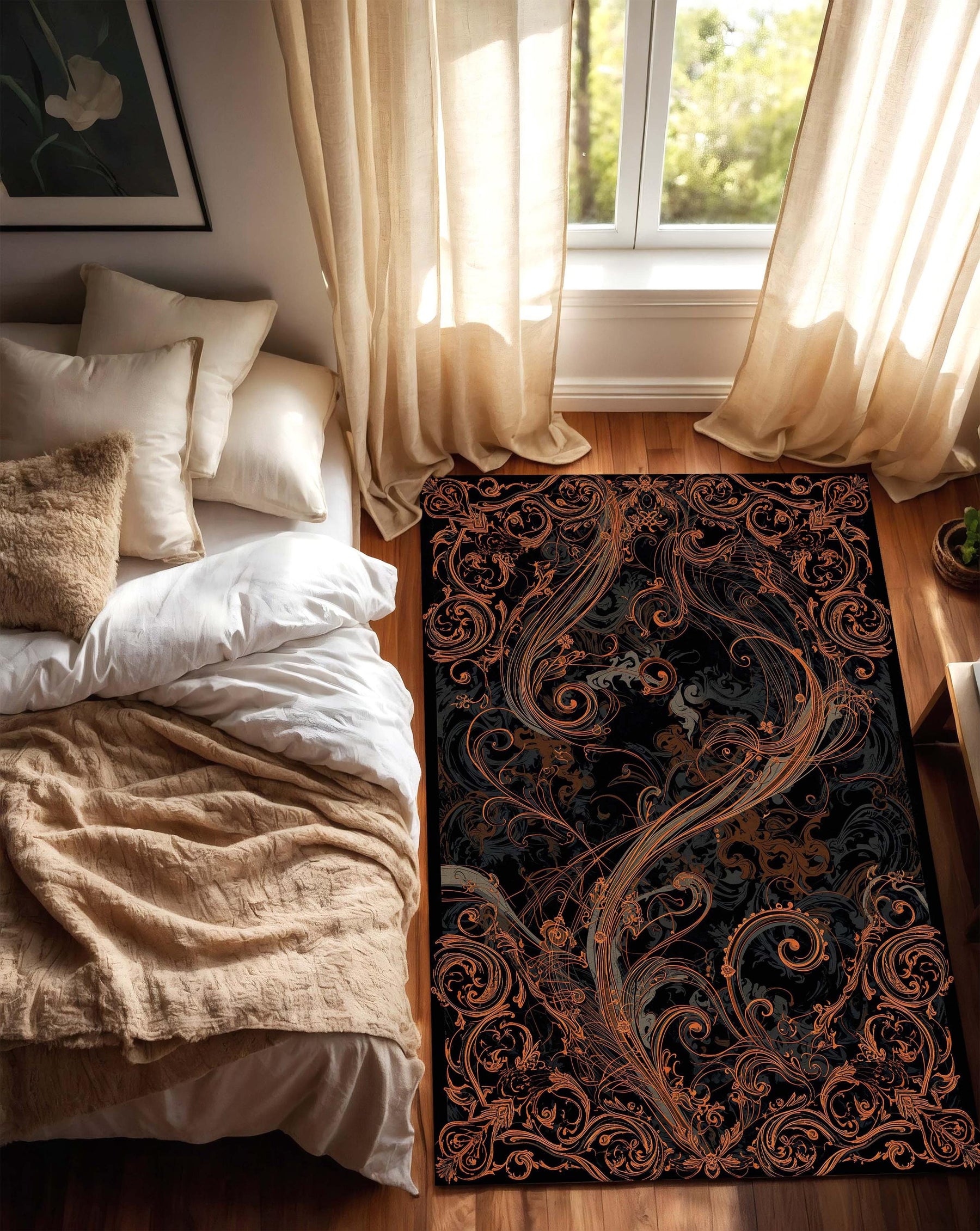 Black Copper Baroque Area Rug, Ornate Gothic Living Room Carpet, Victorian Scroll Floor Mat, Luxury Dark Home Decor Accent Statement