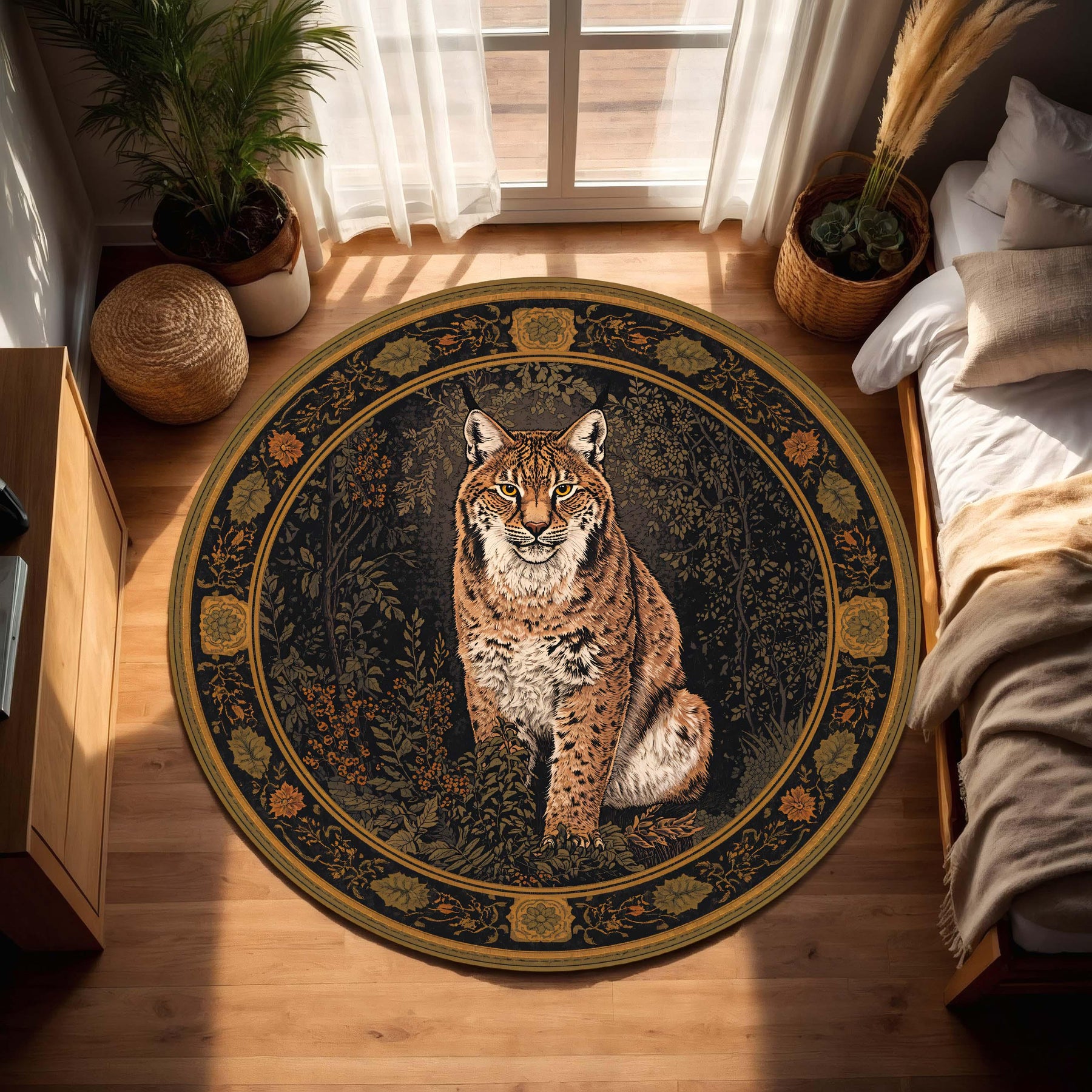 Lynx Round Area Rug, Vintage Botanical Dark Tapestry Style Carpet, Woodland Cat Decor, Boho Living Room Floor Mat, Animal Lover Gift