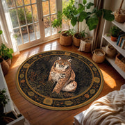 Lynx Round Area Rug, Vintage Botanical Dark Tapestry Style Carpet, Woodland Cat Decor, Boho Living Room Floor Mat, Animal Lover Gift