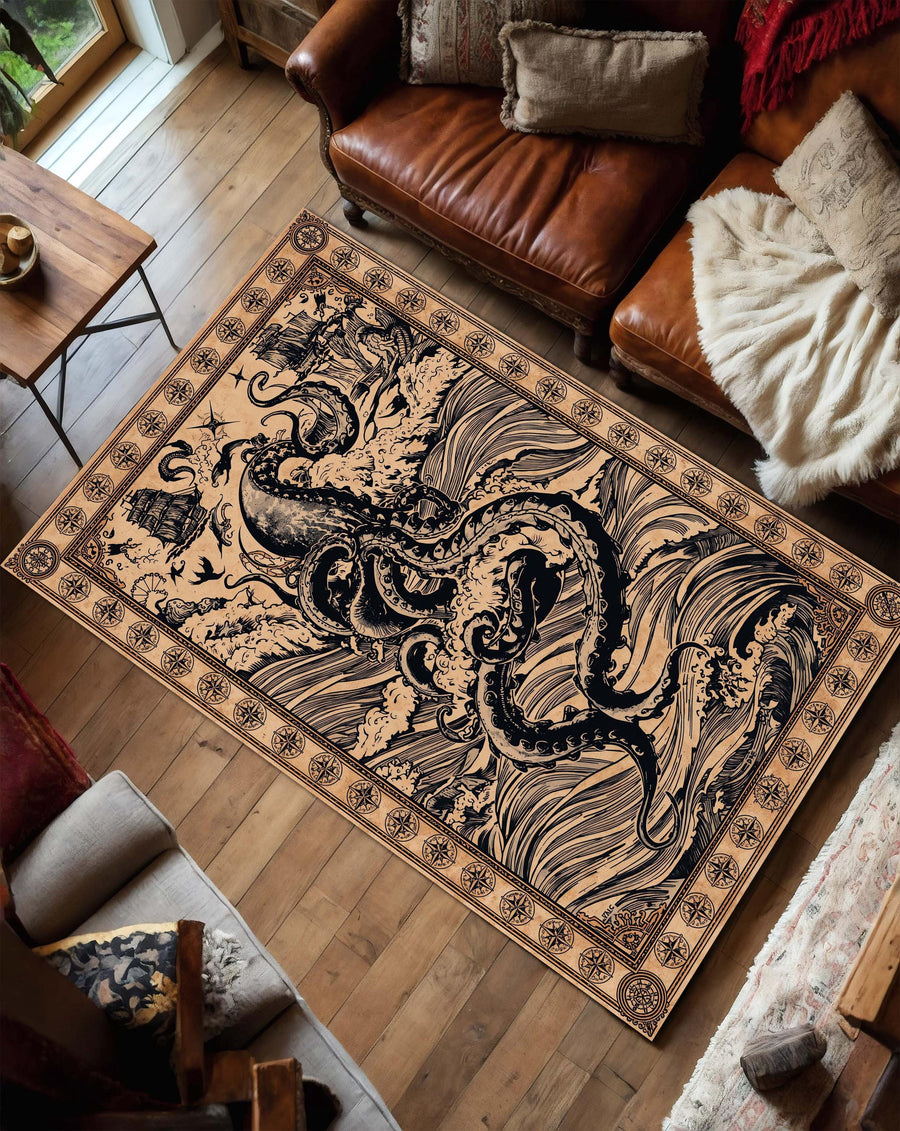 Nautical Octopus Area Rug, Vintage Kraken Ocean Carpet, Coastal Living Room Decor, Beige Black Marine Floor Mat, Sea Lover Gift Art
