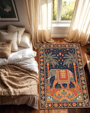Elephant Area Rug, Navy Oriental Carpet, Boho Living Room Decor, Persian Style Floral Rug