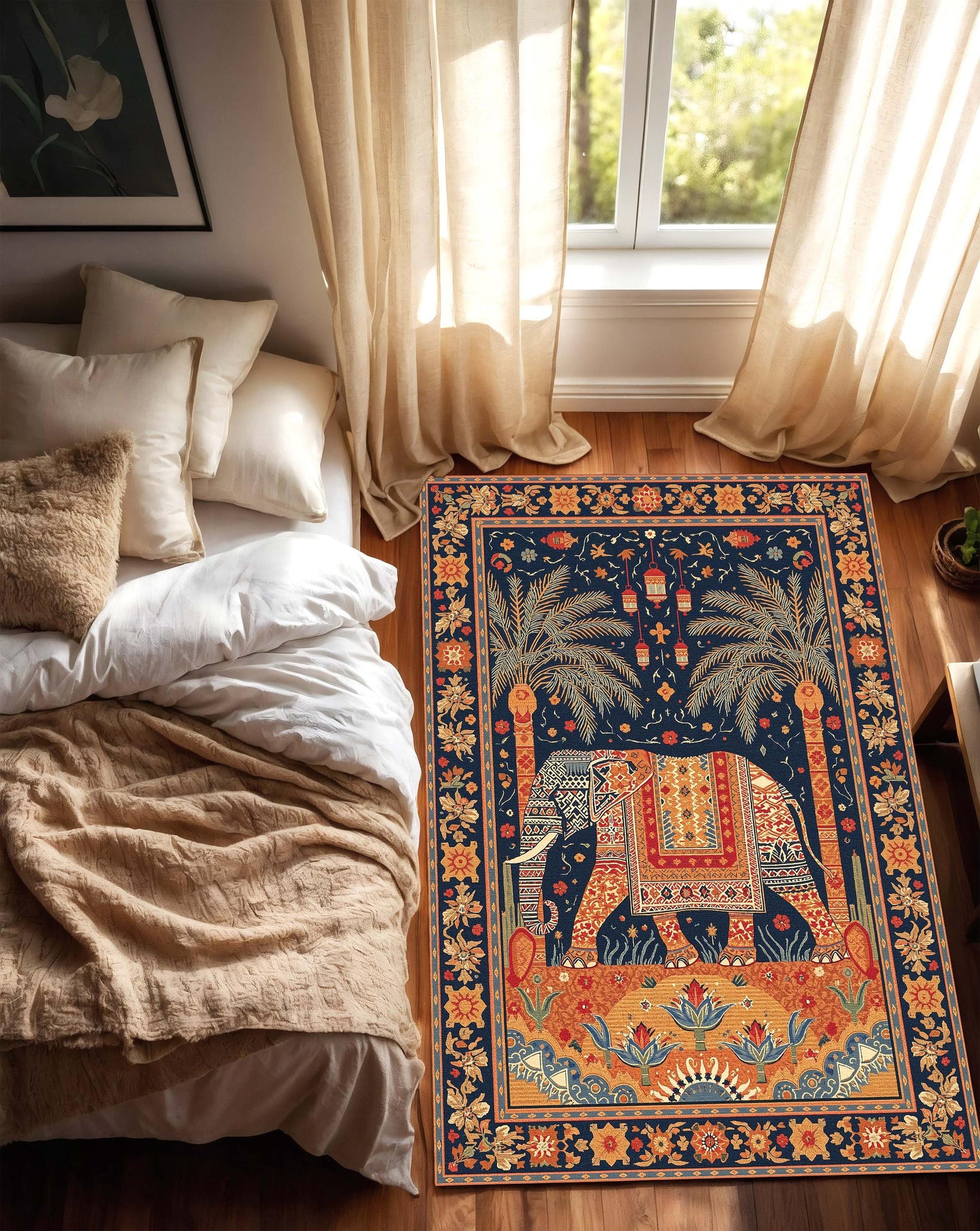 Elephant Area Rug, Navy Oriental Carpet, Boho Living Room Decor, Persian Style Floral Rug