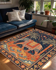 Elephant Area Rug, Navy Oriental Carpet, Boho Living Room Decor, Persian Style Floral Rug