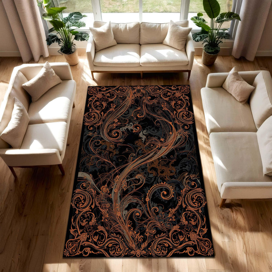 Black Copper Baroque Area Rug, Ornate Gothic Living Room Carpet, Victorian Scroll Floor Mat, Luxury Dark Home Decor Accent Statement