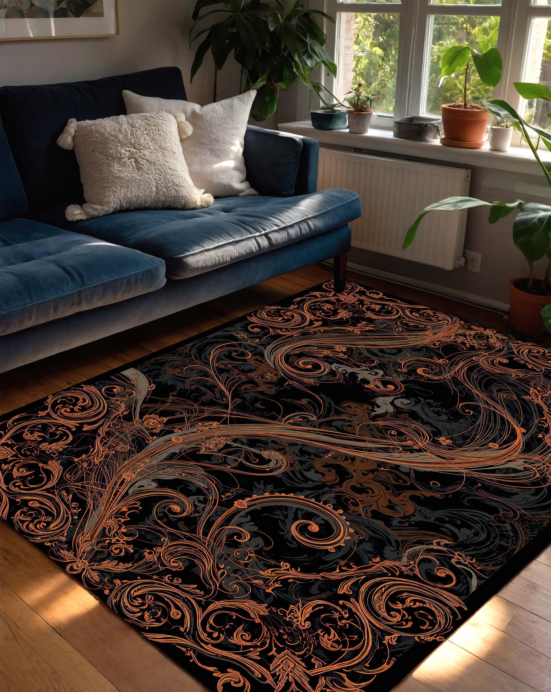 Black Copper Baroque Area Rug, Ornate Gothic Living Room Carpet, Victorian Scroll Floor Mat, Luxury Dark Home Decor Accent Statement