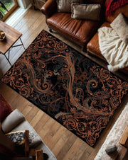 Black Copper Baroque Area Rug, Ornate Gothic Living Room Carpet, Victorian Scroll Floor Mat, Luxury Dark Home Decor Accent Statement