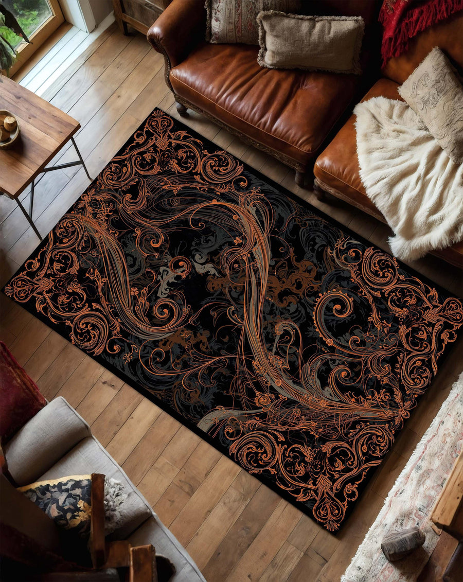Black Copper Baroque Area Rug, Ornate Gothic Living Room Carpet, Victorian Scroll Floor Mat, Luxury Dark Home Decor Accent Statement