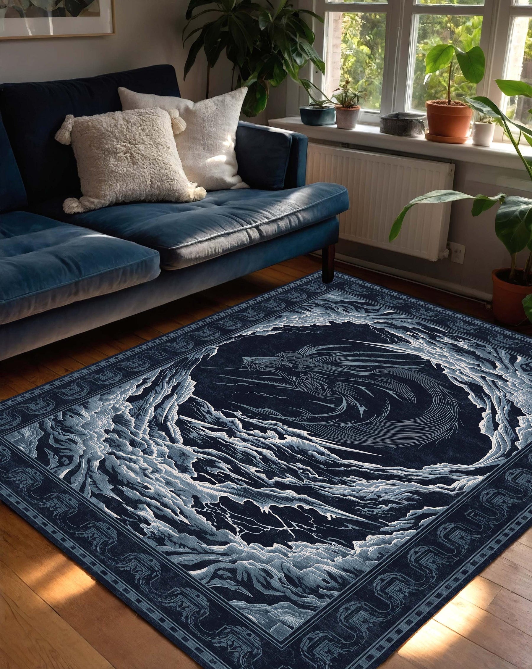 Japanese Dragon Area Rug, Dark Blue Fantasy Carpet, Ukiyoe Storm Floor Mat, Gothic Zen Living Room Decor, Mythical Navy Accent Rug