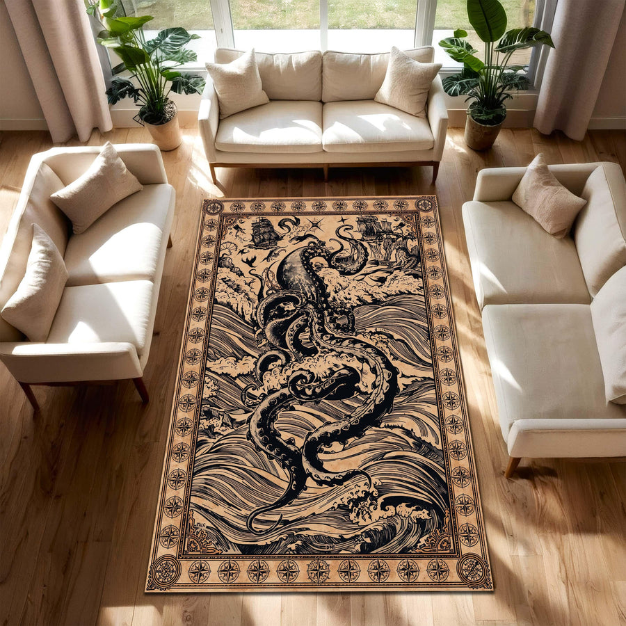 Nautical Octopus Area Rug, Vintage Kraken Ocean Carpet, Coastal Living Room Decor, Beige Black Marine Floor Mat, Sea Lover Gift Art