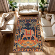 Elephant Area Rug, Navy Oriental Carpet, Boho Living Room Decor, Persian Style Floral Rug