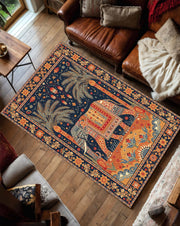 Elephant Area Rug, Navy Oriental Carpet, Boho Living Room Decor, Persian Style Floral Rug