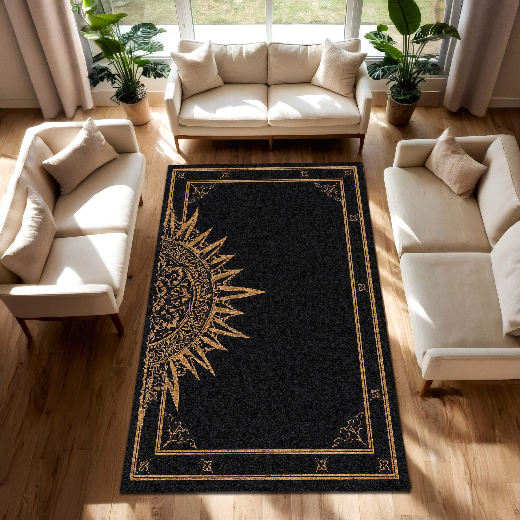 Black Gold Celestial Sun Rug, Boho Living Room Area Rug, Gothic Mandala Carpet, Mystical Bedroom Decor, Modern Floor Mat Home Accent