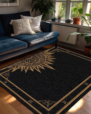 Black Gold Celestial Sun Rug, Boho Living Room Area Rug, Gothic Mandala Carpet, Mystical Bedroom Decor, Modern Floor Mat Home Accent