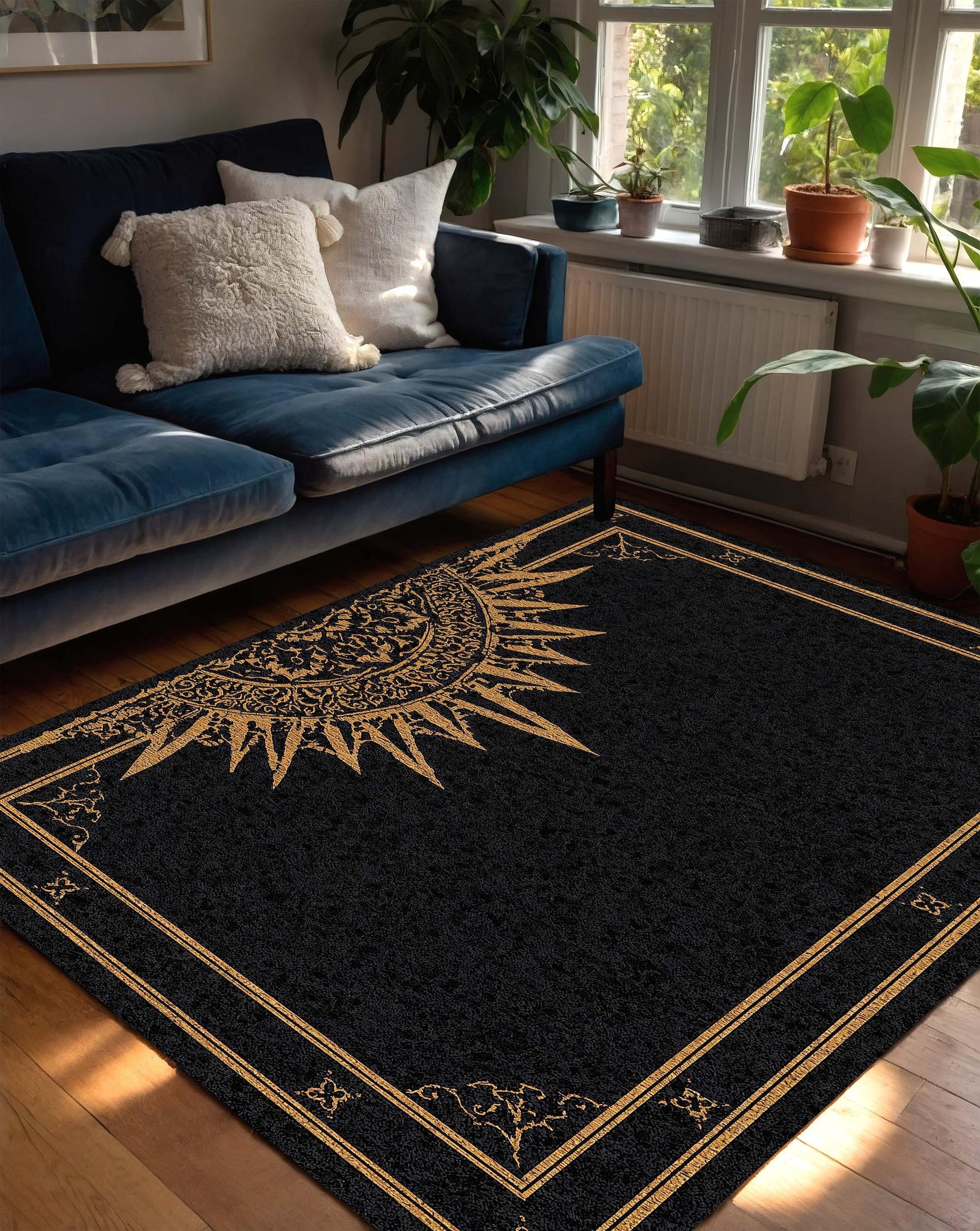 Black Gold Celestial Sun Rug, Boho Living Room Area Rug, Gothic Mandala Carpet, Mystical Bedroom Decor, Modern Floor Mat Home Accent
