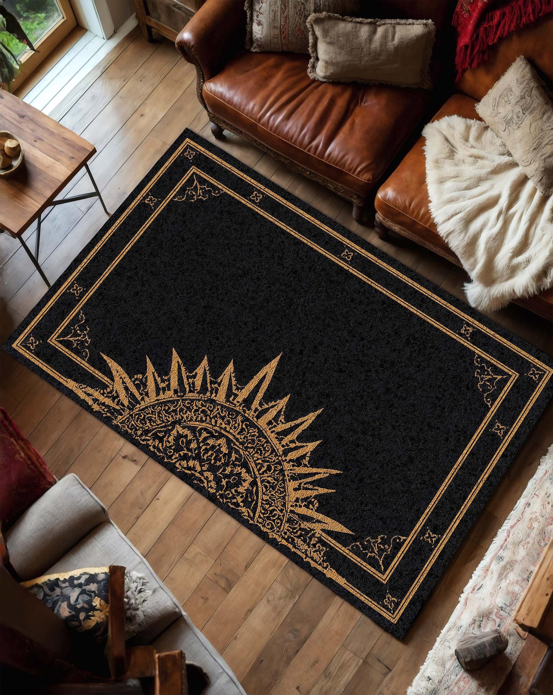 Black Gold Celestial Sun Rug, Boho Living Room Area Rug, Gothic Mandala Carpet, Mystical Bedroom Decor, Modern Floor Mat Home Accent
