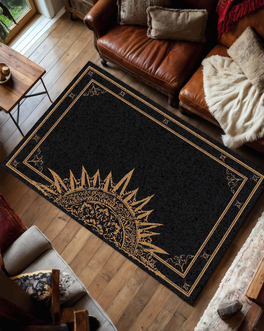 Black Gold Celestial Sun Rug, Boho Living Room Area Rug, Gothic Mandala Carpet, Mystical Bedroom Decor, Modern Floor Mat Home Accent
