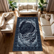 Japanese Dragon Area Rug, Dark Blue Fantasy Carpet, Ukiyoe Storm Floor Mat, Gothic Zen Living Room Decor, Mythical Navy Accent Rug