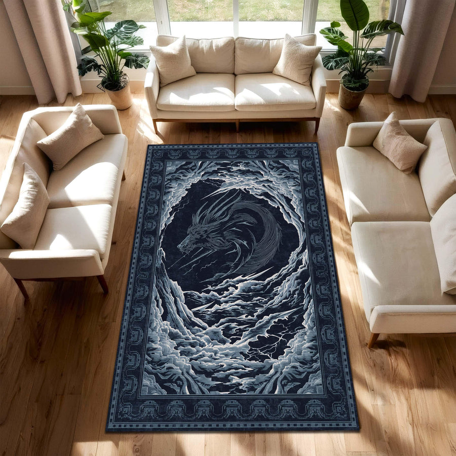 Japanese Dragon Area Rug, Dark Blue Fantasy Carpet, Ukiyoe Storm Floor Mat, Gothic Zen Living Room Decor, Mythical Navy Accent Rug