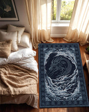 Japanese Dragon Area Rug, Dark Blue Fantasy Carpet, Ukiyoe Storm Floor Mat, Gothic Zen Living Room Decor, Mythical Navy Accent Rug