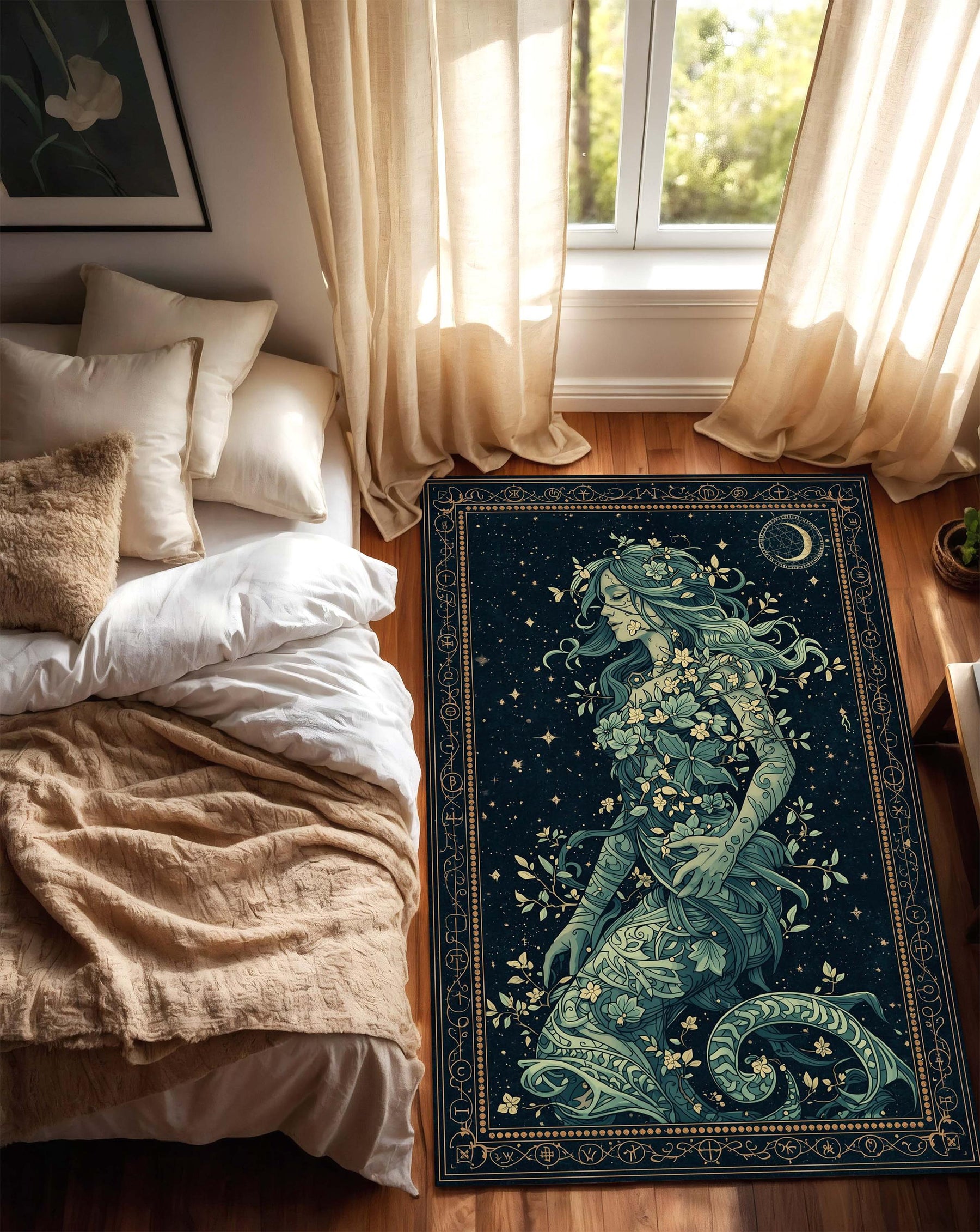 Mystical Goddess Area Rug, Celestial Boho Living Room Carpet, Navy Blue Botanical Woman Art Mat, Witchy Zodiac Home Decor Gift