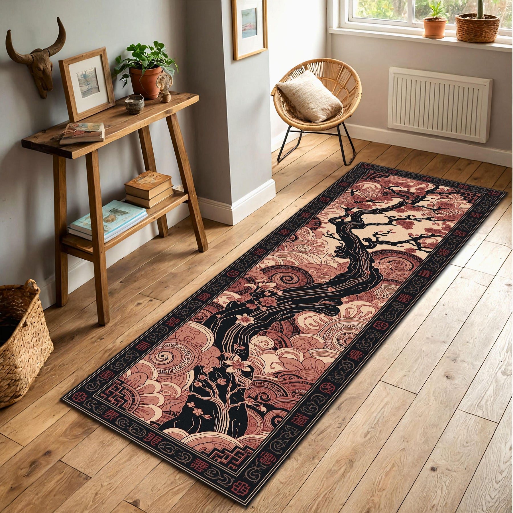 Cherry Blossom Runner Rug, Japanese Tree Hallway Carpet, Asian Zen Floral Floor Mat, Pink Black Entryway Home Decor Gift, Washable Rug
