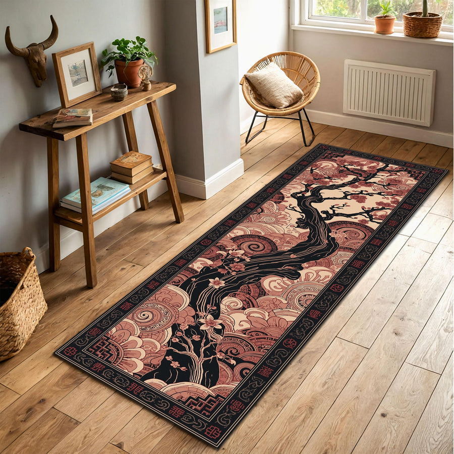 Cherry Blossom Runner Rug, Japanese Tree Hallway Carpet, Asian Zen Floral Floor Mat, Pink Black Entryway Home Decor Gift, Washable Rug