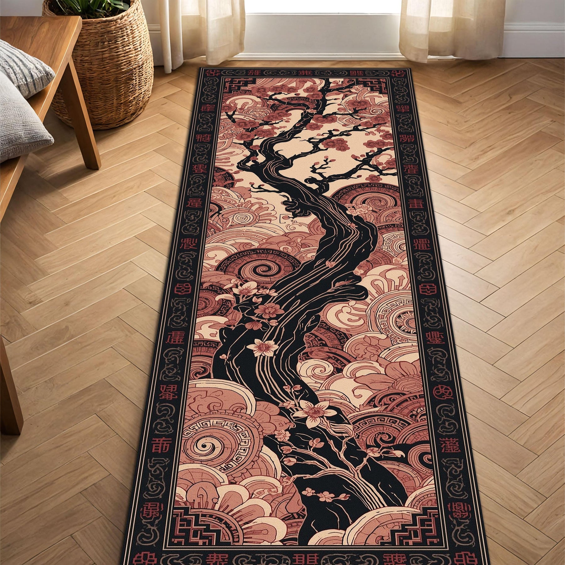 Cherry Blossom Runner Rug, Japanese Tree Hallway Carpet, Asian Zen Floral Floor Mat, Pink Black Entryway Home Decor Gift, Washable Rug