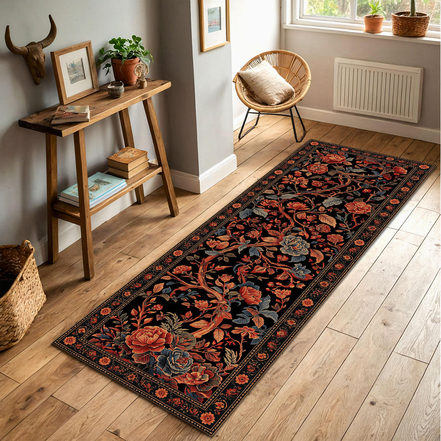 Vintage Floral Runner Rug, Black Botanical Hallway Carpet, Rustic Cottage Floor Mat, Boho Entryway Kitchen Long Area Rug Decor Home