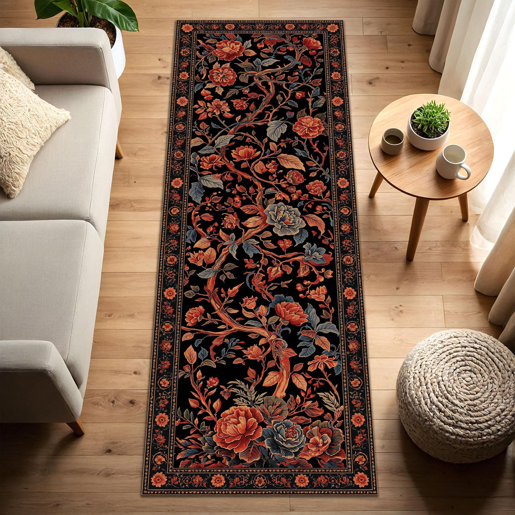 Vintage Floral Runner Rug, Black Botanical Hallway Carpet, Rustic Cottage Floor Mat, Boho Entryway Kitchen Long Area Rug Decor Home